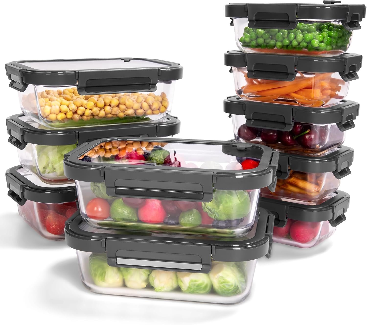 BOROHOUSE 10-Pack Glass Food Storage Containers with Tempered Glass Lids \u2013 Borosilicate, Airtight, Oven-Safe (-4°F~950°F), BPA-Free, 4.4 & 1.6 Cup, Leak-Proof, Dishwasher Safe (Gray)