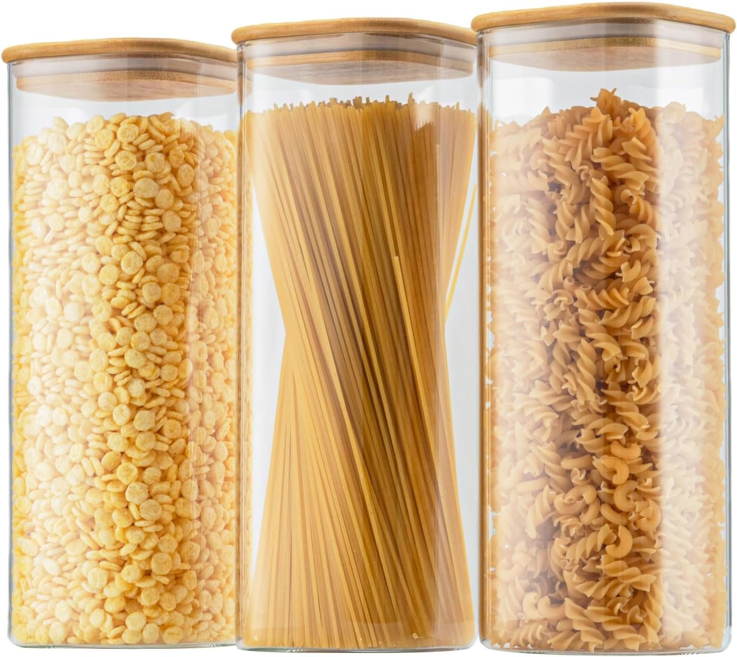 D2scrma 71oz Glass Square Storage Containers with Bamboo Lids Set of 3 (2100ml) Tall Food Storage Canisters Kitchen Jars for Pantry Organization Pasta, Penne, Macaroni, Lasagna, Fusilli