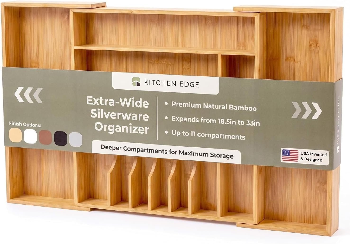 KitchenEdge Silverware & Utensil Drawer Organizer, 18-33 in, Bamboo | Cutlery, flatware, food-safe contract grade, kitchen drawer fit