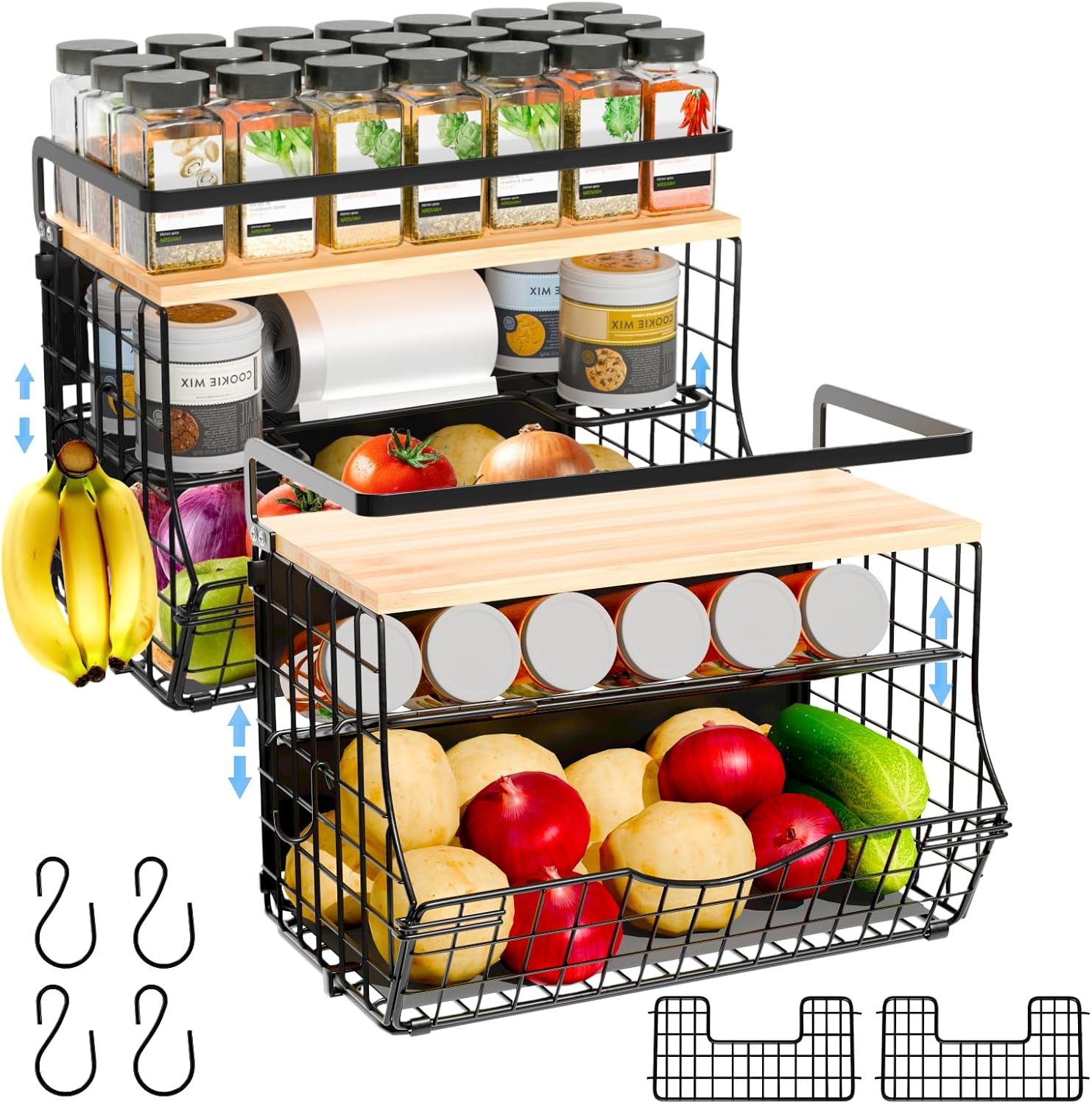 NRSVIAN Magnetic Shelf for Fridge with Wood Lid, Fruit Potato and Onion Storage Bins, Kitchen Large Container Magnetic Spice Rack for Refrigerator, Kitchen Counter, Tools, Snack (BLACK, 2 Pack)